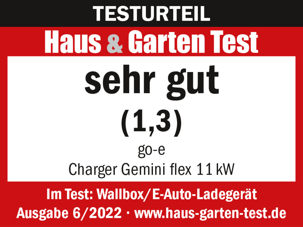 Testurteil go-e Charger Gemini flex 11 kW "Sehr gut" in Haus & Garten Test Testurteil go-e Charger Gemini flex 11 kW "Sehr gut" in Haus & Garten Test