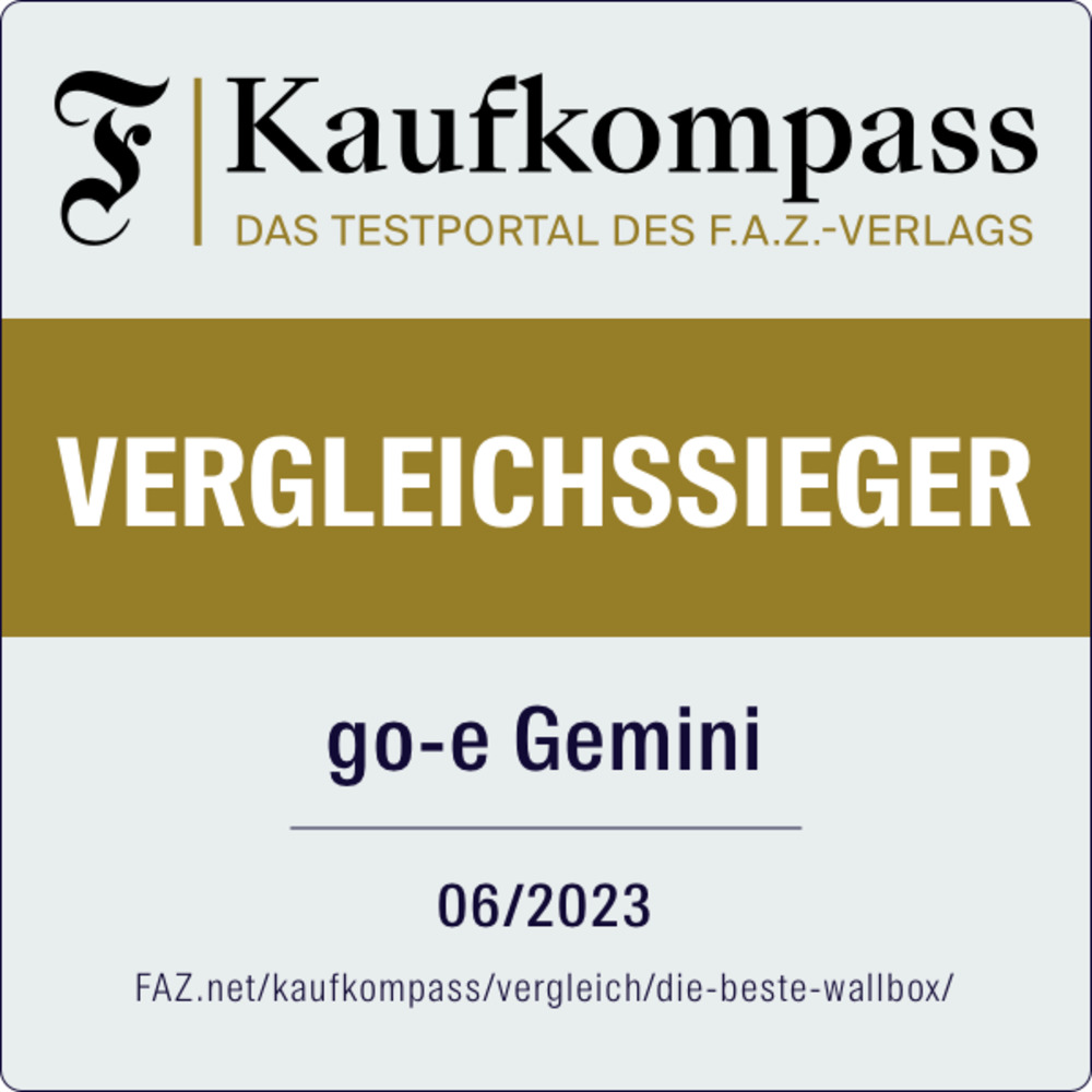 Testsiegel Wallbox go-e Charger Gemini 11 kW "Vergleichssieger 2023" FAZ Kaufkompass