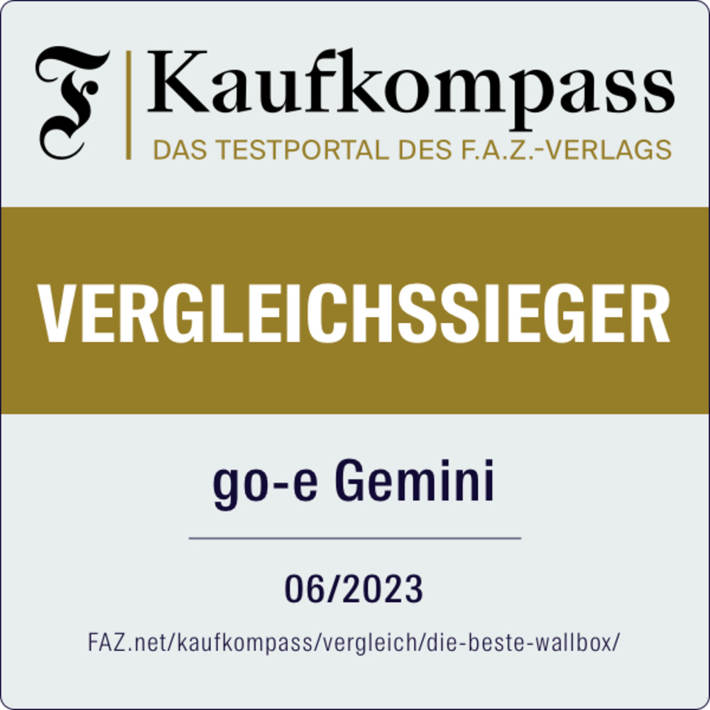 Testsiegel Wallbox go-e Charger Gemini 11 kW "Vergleichssieger 2023" FAZ Kaufkompass Testsiegel Wallbox go-e Charger Gemini 11 kW "Vergleichssieger 2023" FAZ Kaufkompass