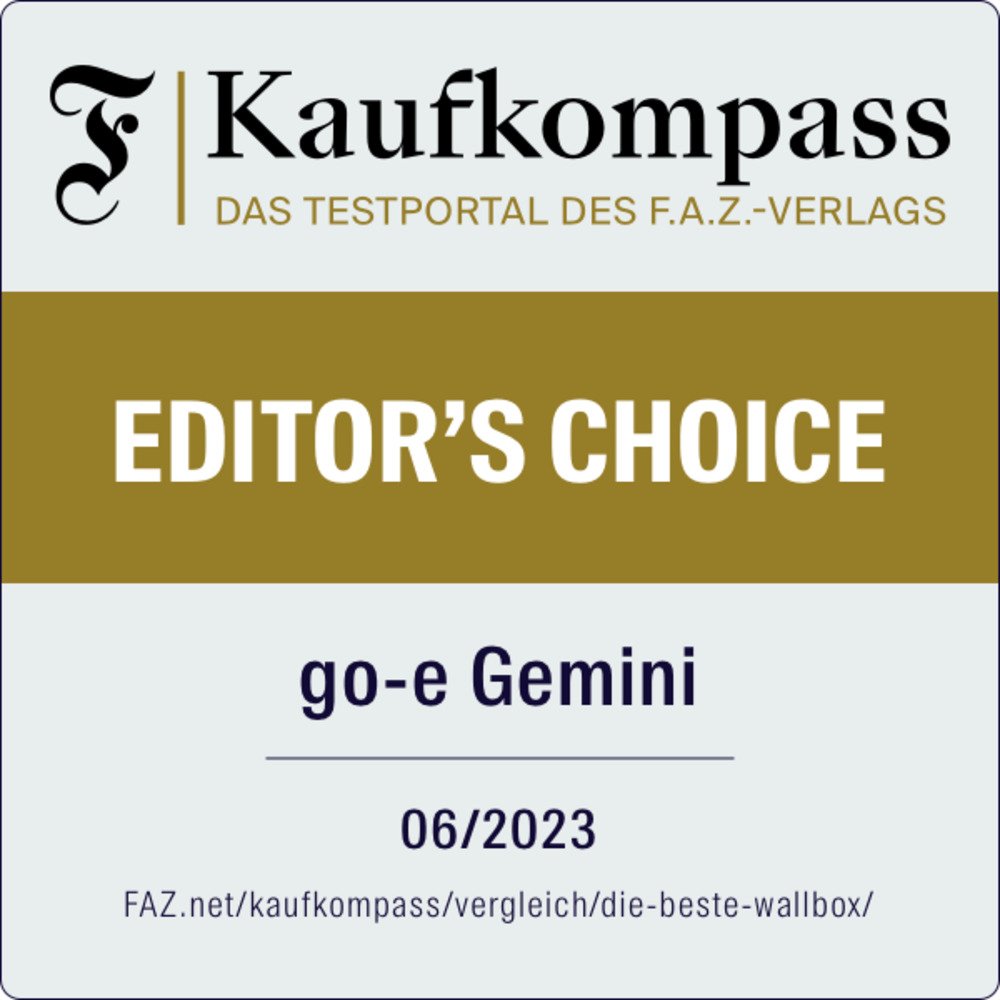 Testitiiviste go-e Charger Gemini 22 kW "editor's choice 2023" FAZ Kaufkompass