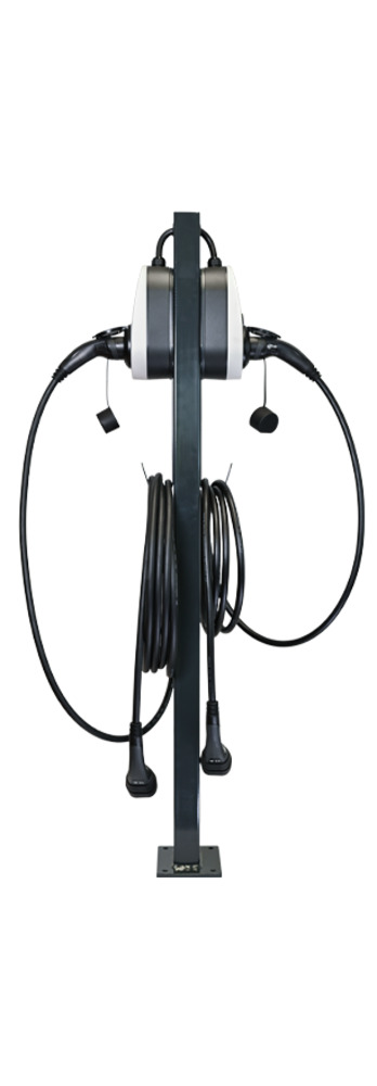 go-e twin double pedestal MB anthracite with cable holder, Gemini and charging cable | side view go-e twin double pedestal MB anthracite with cable holder, Gemini and charging cable | side view