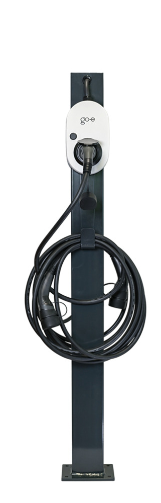 go-e twin double pedestal MB anthracite with cable holder, Gemini and charging cable | front view