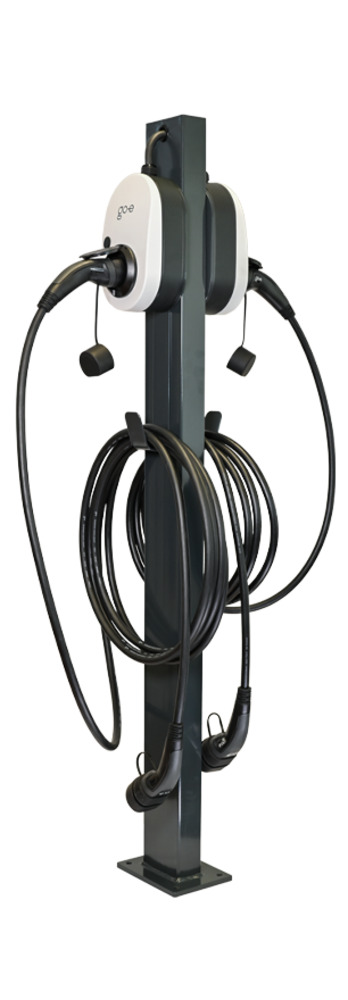 go-e twin double pedestal MB anthracite with cable holder, Gemini and charging cable | angeled view