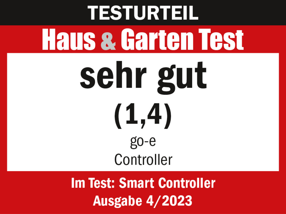 Testsiegel go-e Controller "Sehr Gut" im Haus und Garten Test Magazin